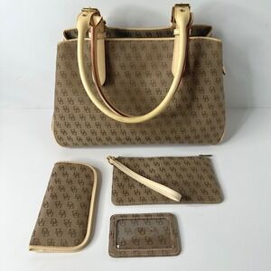 Vtg Dooney & Bourke Signature Jacquard Satchel Purse Set Brown Monogram 4 Pc